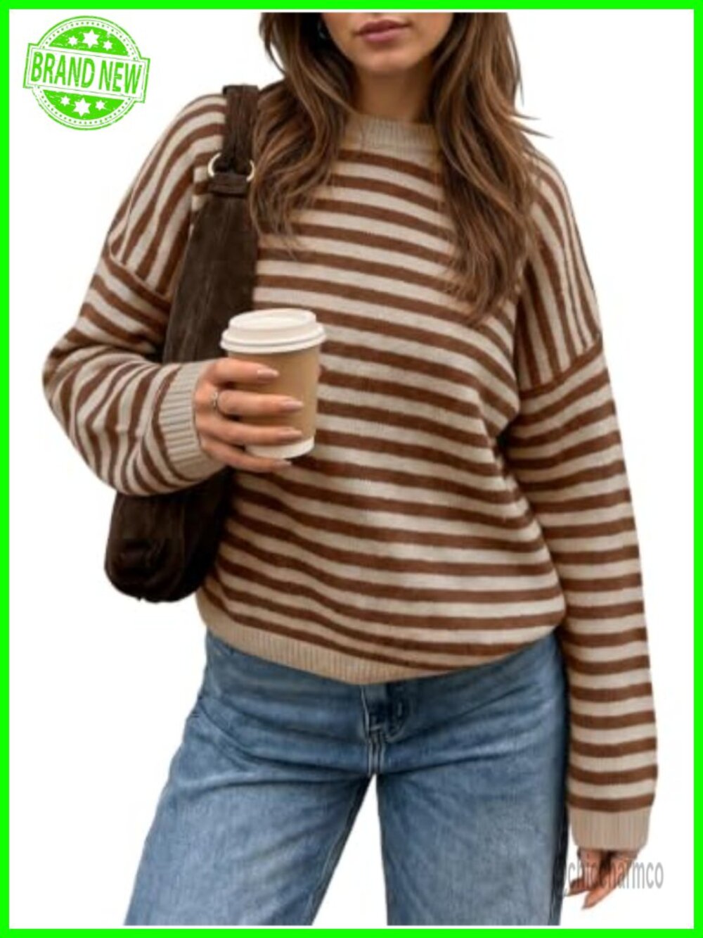Oversized Striped Knit Crew Neck Pullover Sweater Long Sleeve